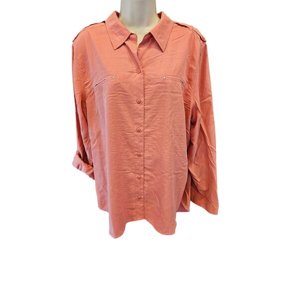 Chicos 3 (XL) coral modal blend roll tab sleeve button up Career Casual EUC top - Picture 1 of 7